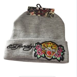 New Ed Hardy Gray Beanie with Tiger and Floral Design